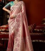Pink blue silk blend embroidered heavy work Saree with blouse 