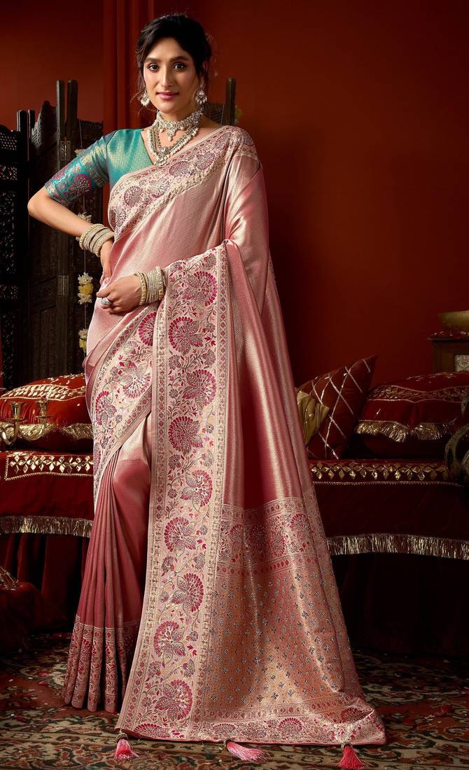 Pink blue silk blend embroidered heavy work Saree with blouse 