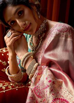 Pink blue silk blend embroidered heavy work Saree with blouse  2