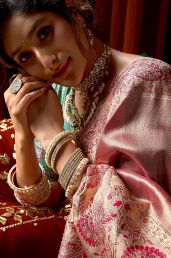Pink blue silk blend embroidered heavy work Saree with blouse 