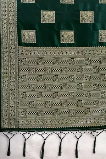 Dark green colour silk blend saree with silver zari weaving border
