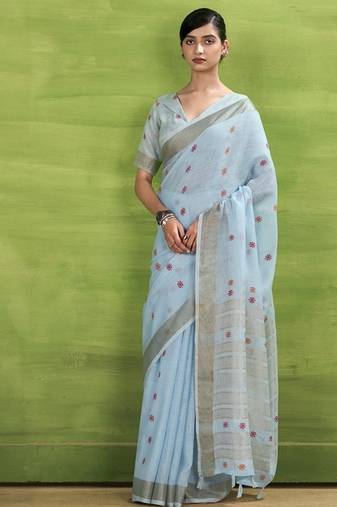 Sky blue linen beautiful tussle on pallu casual wear saree