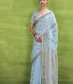 Sky blue linen beautiful tussle on pallu casual wear saree