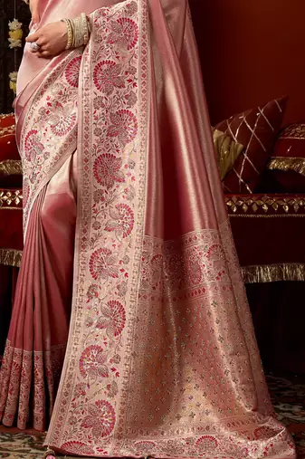 Pink blue silk blend embroidered heavy work Saree with blouse 
