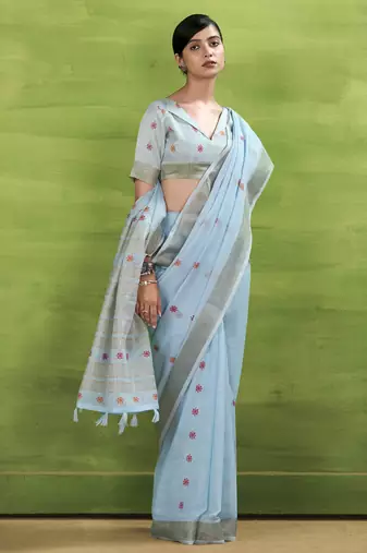 Sky blue linen beautiful tussle on pallu casual wear saree