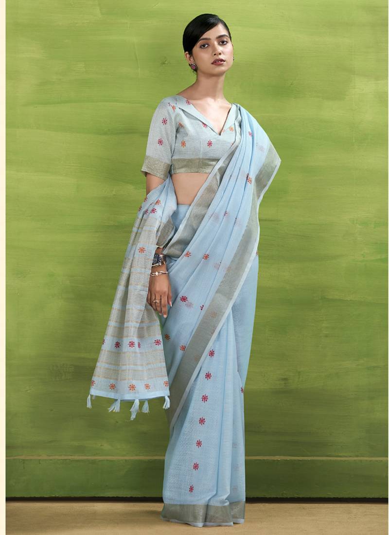 Sky blue linen beautiful tussle on pallu casual wear saree