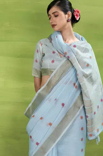 Sky blue linen beautiful tussle on pallu casual wear saree