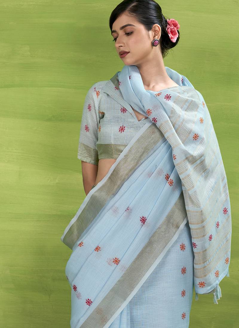 Sky blue linen beautiful tussle on pallu casual wear saree