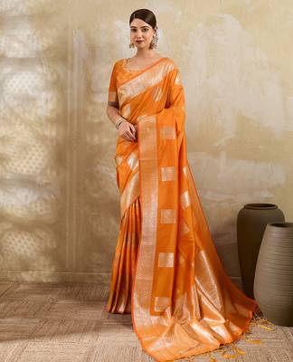 Orange colour silk blend saree with silver zari weaving border 1