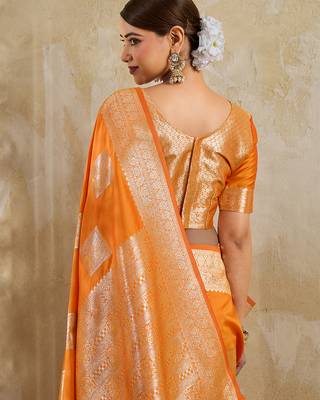 Orange colour silk blend saree with silver zari weaving border 2