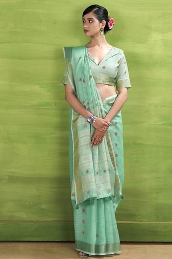 Turquoise  linen beautiful tussle on pallu casual wear saree