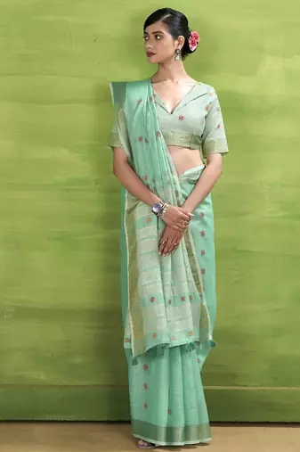 Turquoise  linen beautiful tussle on pallu casual wear saree