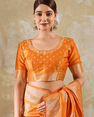 Orange colour silk blend saree with silver zari weaving border 3