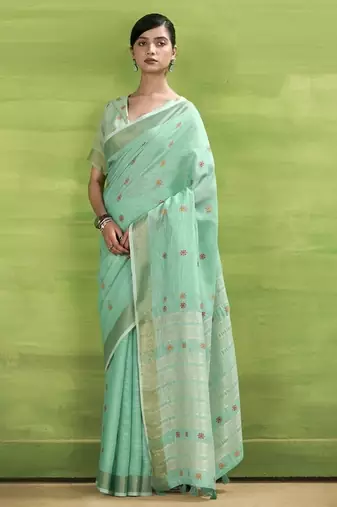 Turquoise  linen beautiful tussle on pallu casual wear saree