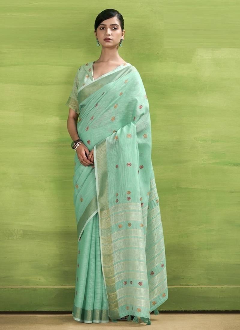 Turquoise  linen beautiful tussle on pallu casual wear saree