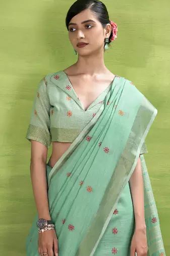 Turquoise  linen beautiful tussle on pallu casual wear saree
