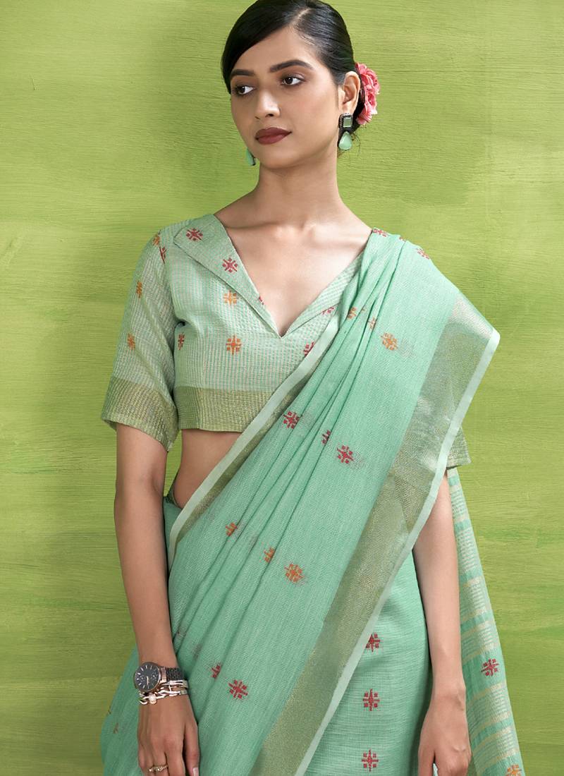 Turquoise  linen beautiful tussle on pallu casual wear saree