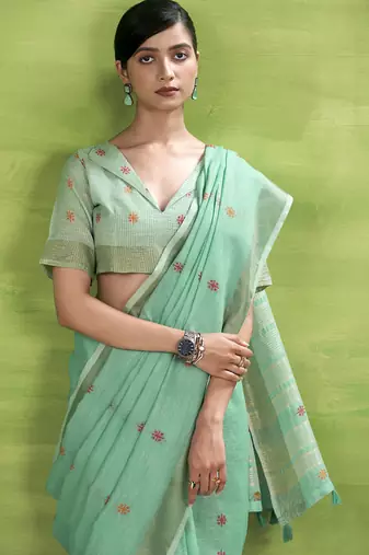 Turquoise  linen beautiful tussle on pallu casual wear saree