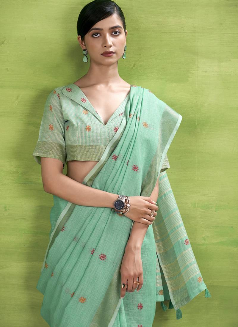 Turquoise  linen beautiful tussle on pallu casual wear saree