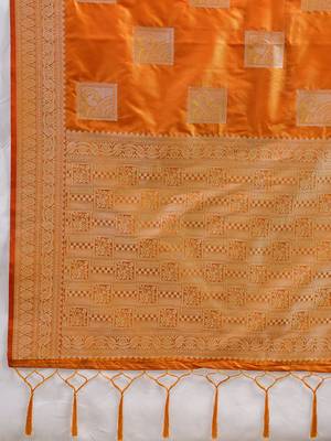 Orange colour silk blend saree with silver zari weaving border 4