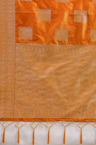 Orange colour silk blend saree with silver zari weaving border