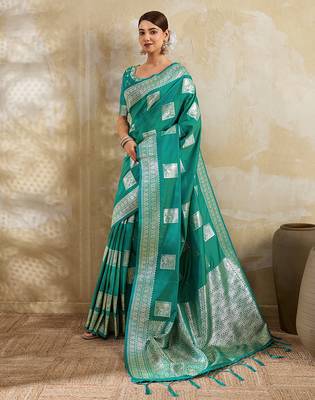 Sea green colour silk blend saree with silver zari weaving border 1
