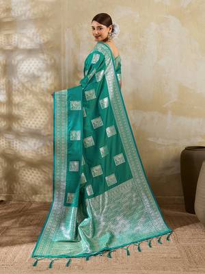 Sea green colour silk blend saree with silver zari weaving border 2