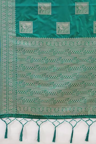 Sea green colour silk blend saree with silver zari weaving border