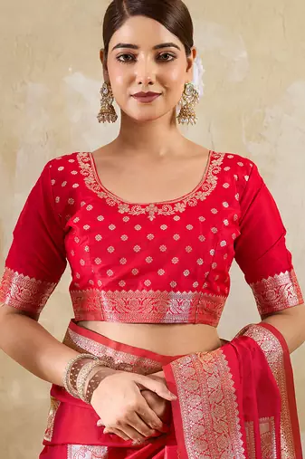 Red colour silk blend saree with silver zari weaving border