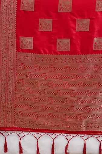 Red colour silk blend saree with silver zari weaving border
