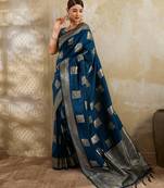 Teal blue colour silk blend saree with silver zari weaving border