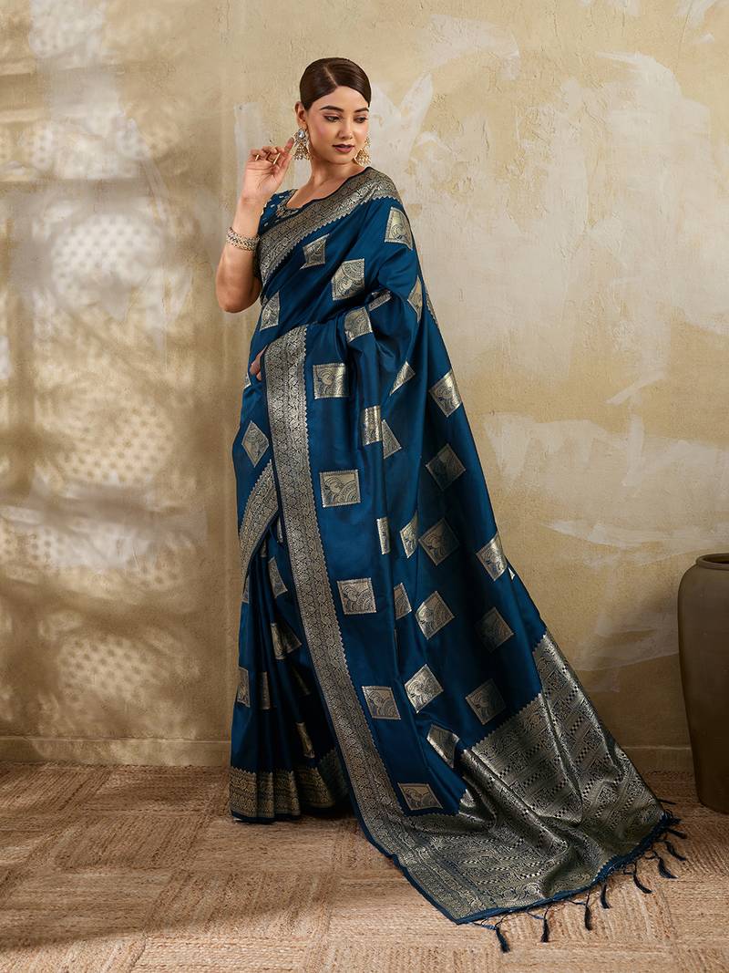 Teal blue colour silk blend saree with silver zari weaving border