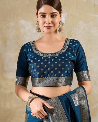 Teal blue colour silk blend saree with silver zari weaving border 3