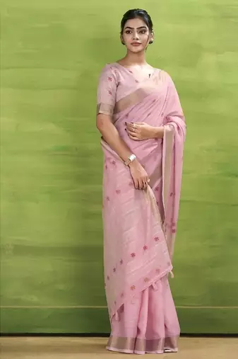 Baby pink linen beautiful tussle on pallu casual wear saree