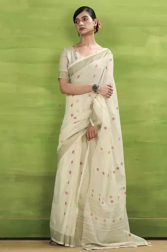 Off-white linen beautiful tussle on pallu casual wear saree
