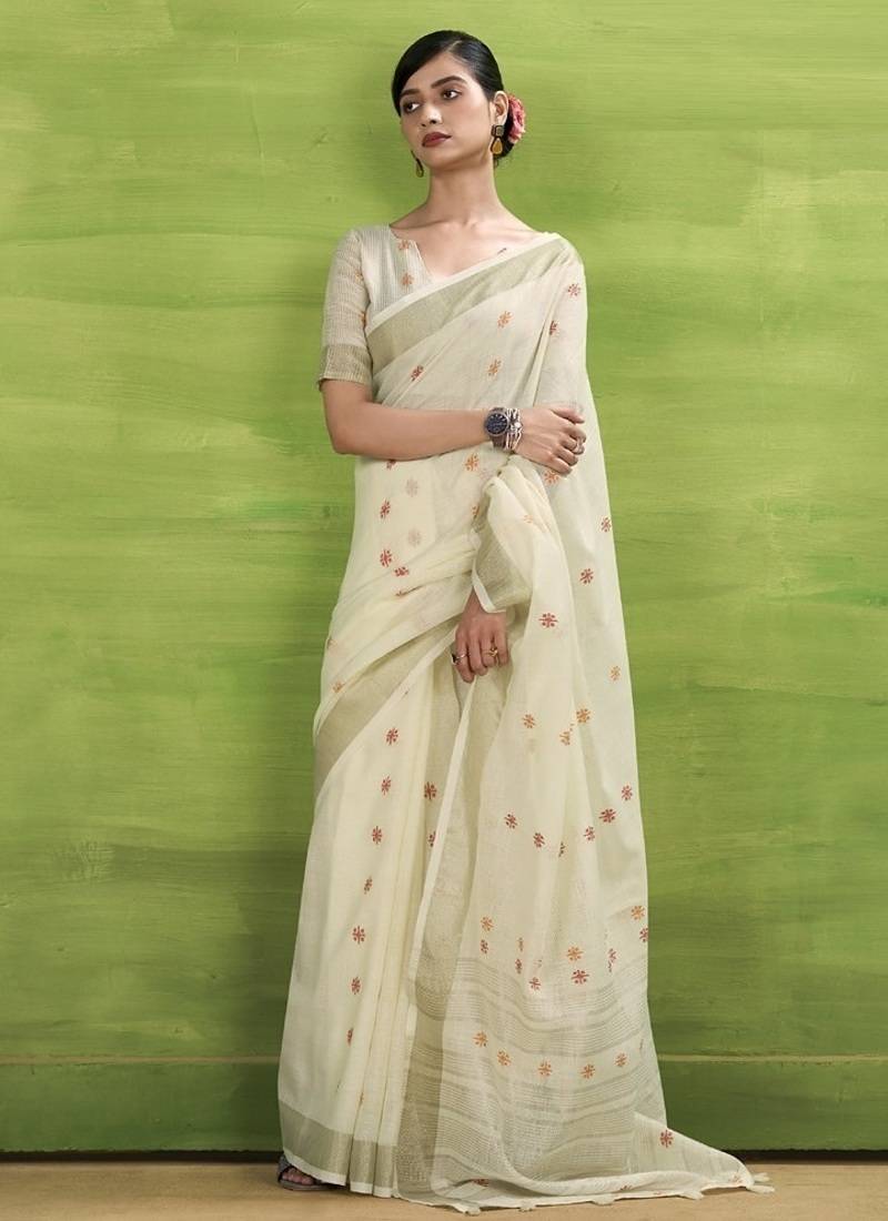 Off-white linen beautiful tussle on pallu casual wear saree