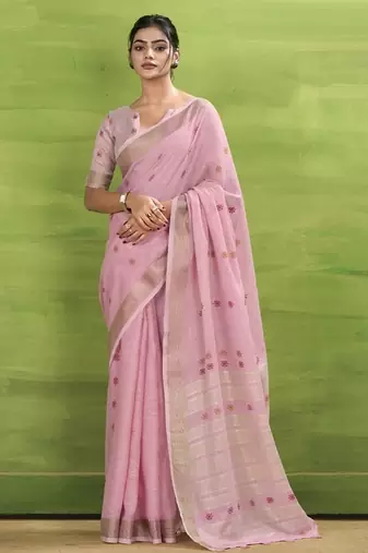 Baby pink linen beautiful tussle on pallu casual wear saree