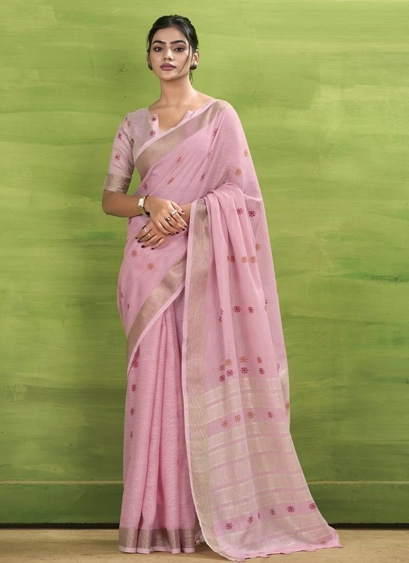 Baby pink linen beautiful tussle on pallu casual wear saree