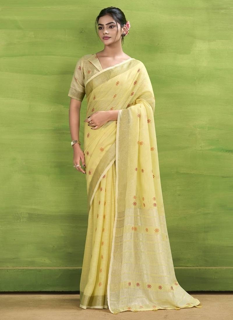 Lemon linen beautiful tussle on pallu casual wear saree