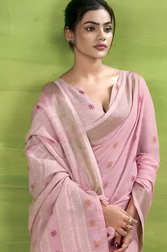 Baby pink linen beautiful tussle on pallu casual wear saree