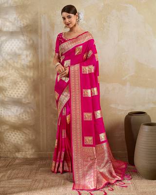 Magenta colour silk blend saree with silver zari weaving border 1