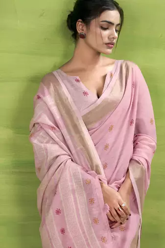 Baby pink linen beautiful tussle on pallu casual wear saree