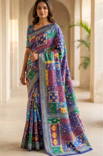 Multicolor mall cotton digital print saree with unstitched blouse piece