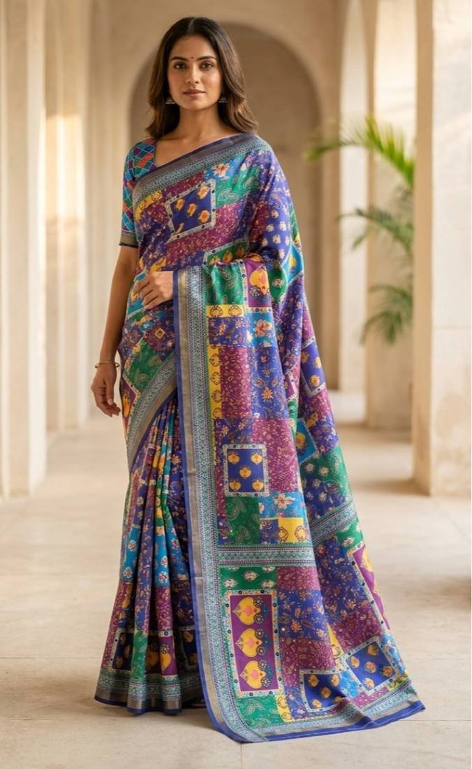 Multicolor mall cotton digital print saree with unstitched blouse piece