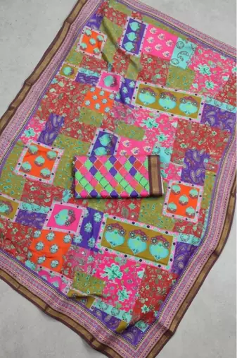 Multicolor mall cotton digital print saree with unstitched blouse piece