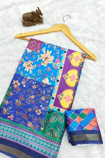 Multicolor mall cotton digital print saree with unstitched blouse piece