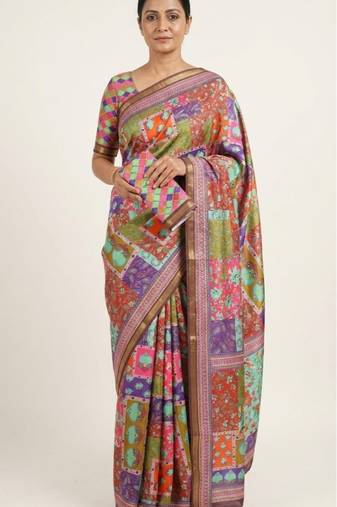 Multicolor mall cotton digital print saree with unstitched blouse piece