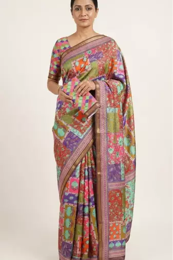 Multicolor mall cotton digital print saree with unstitched blouse piece