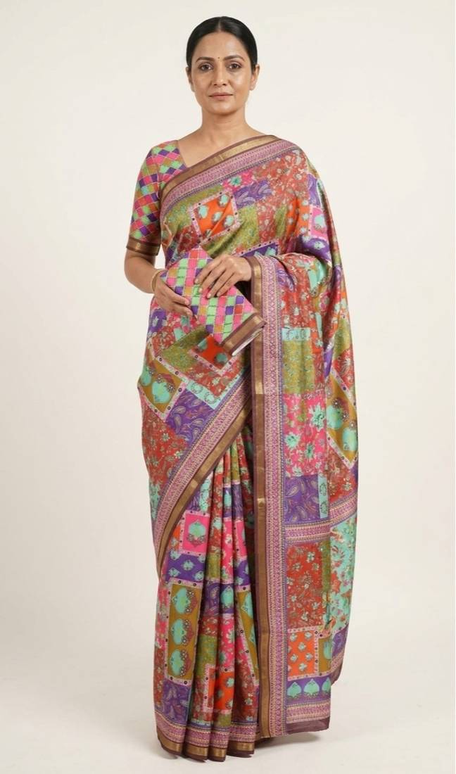 Multicolor mall cotton digital print saree with unstitched blouse piece