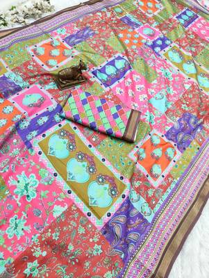 Multicolor mall cotton digital print saree with unstitched blouse piece 3